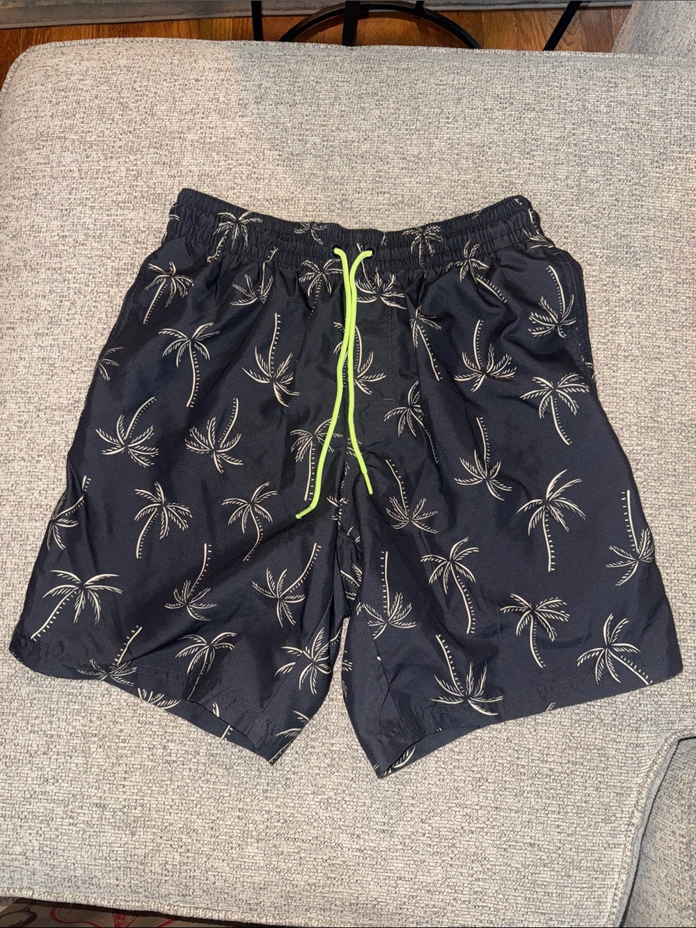 Old Navy Black Swim Trunks with Cream Palm Print & Neon Green Drawcord